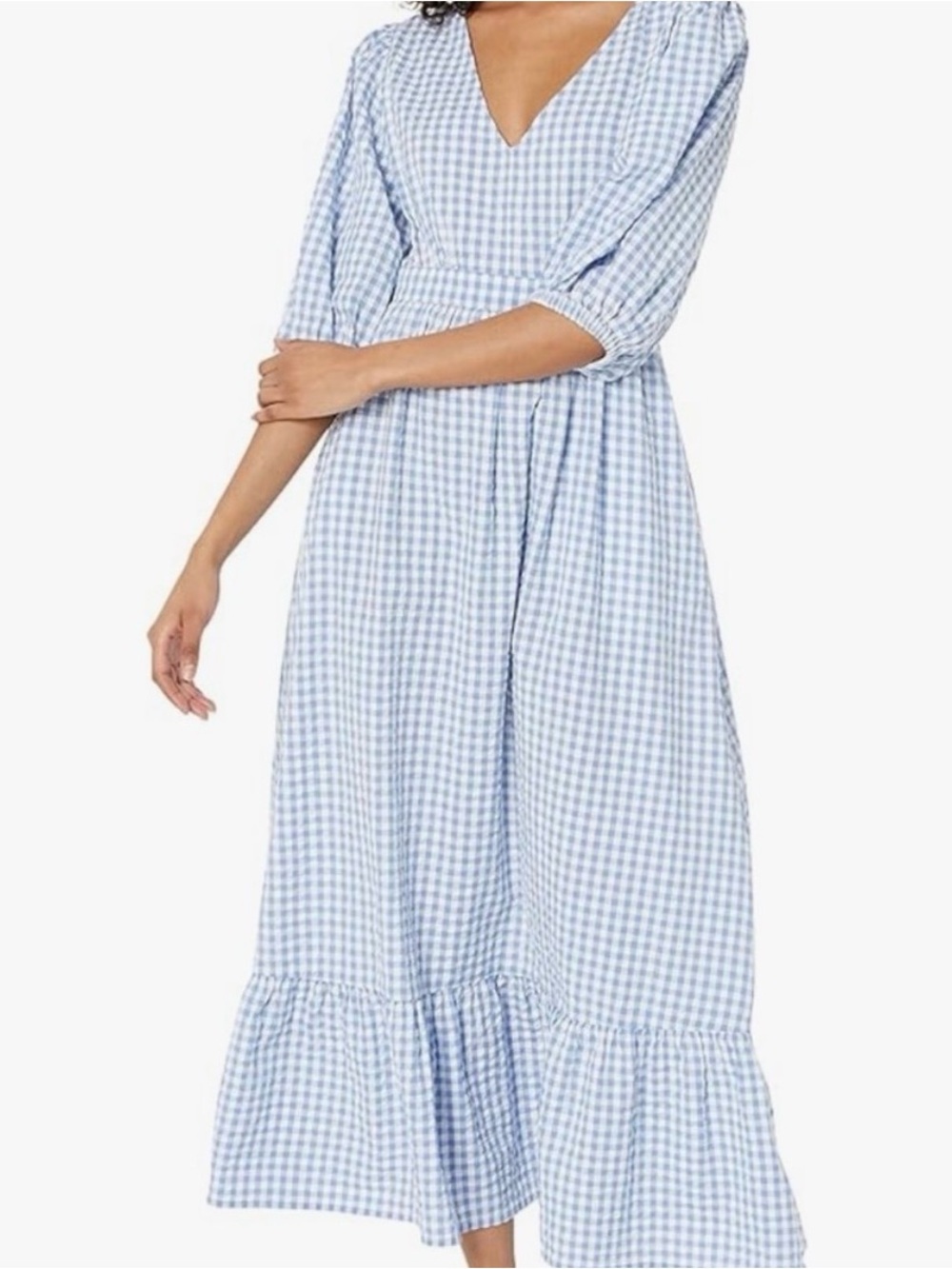 The Drop Blue Gingham Maxi Prairie Dress with Puff Sleeves and V-Neck Size XS